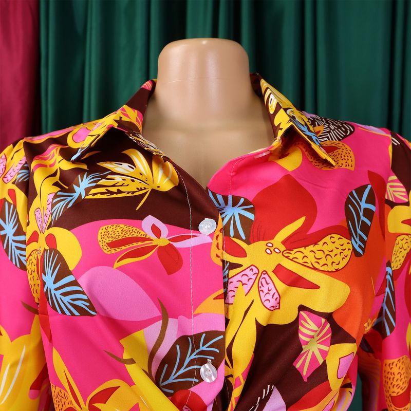 Women's Fashion Print Two-piece Suit Lapel Tie Shirt Wide Leg Pants Suit_autovado.com