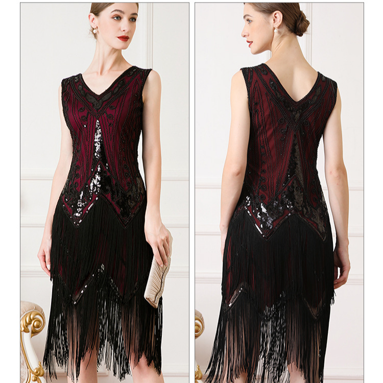 Women's retro 1920 V neck double layer fringed dress Gatsby cocktail ball sequin beaded dress_autovado.com
