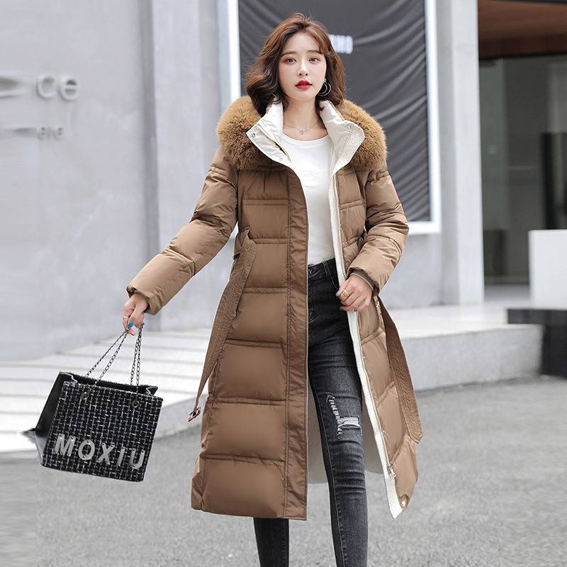 Women's Clothing Winter New Cotton Jacket Large Fur Collar Medium Length Slim Belt Slim Temperament Down Cotton Jacket Women's Jacket_autovado.com