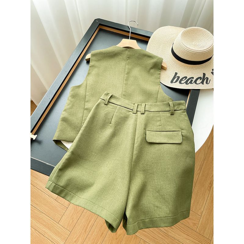 Women's Clothing Sleeveless V-neck Sleeveless Button Suit Short Vest Shorts Suit _autovado.com