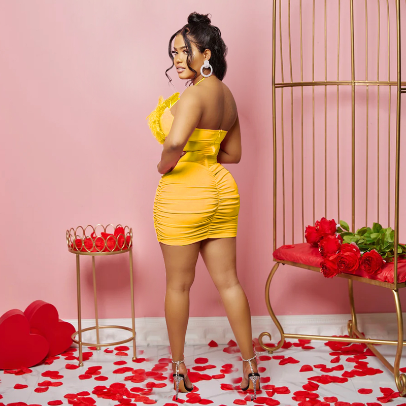 Women's solid color feather tube top sleeveless short skirt dress_autovado.com