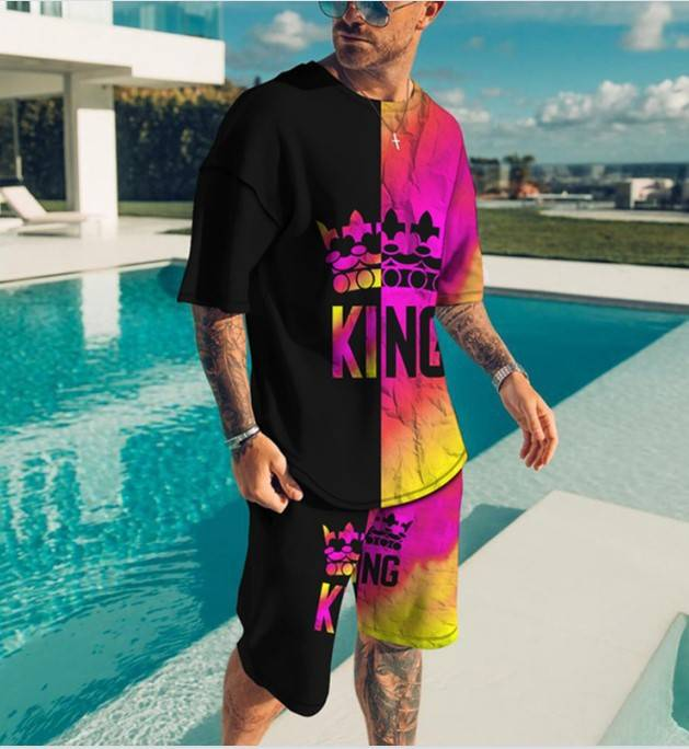 Men's Clothing shorts loose casual short-sleeved suit color matching KING printed T-shirt_autovado.com