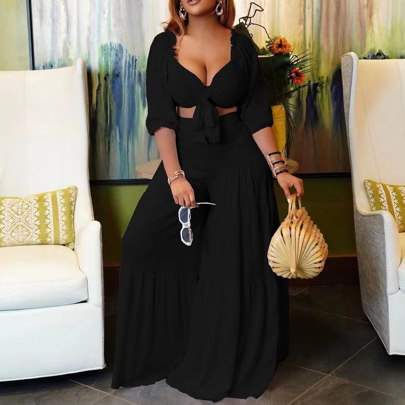 Women's Clothing women's summer fashion casual street suit pleated sexy solid color foreign trade two piece suit_autovado.com