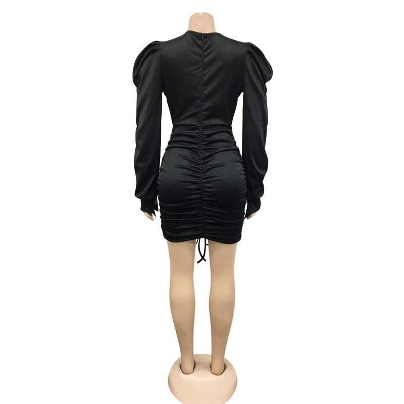 Women's Clothing fashion casual solid color long-sleeved pleated V-neck dress for women_autovado.com