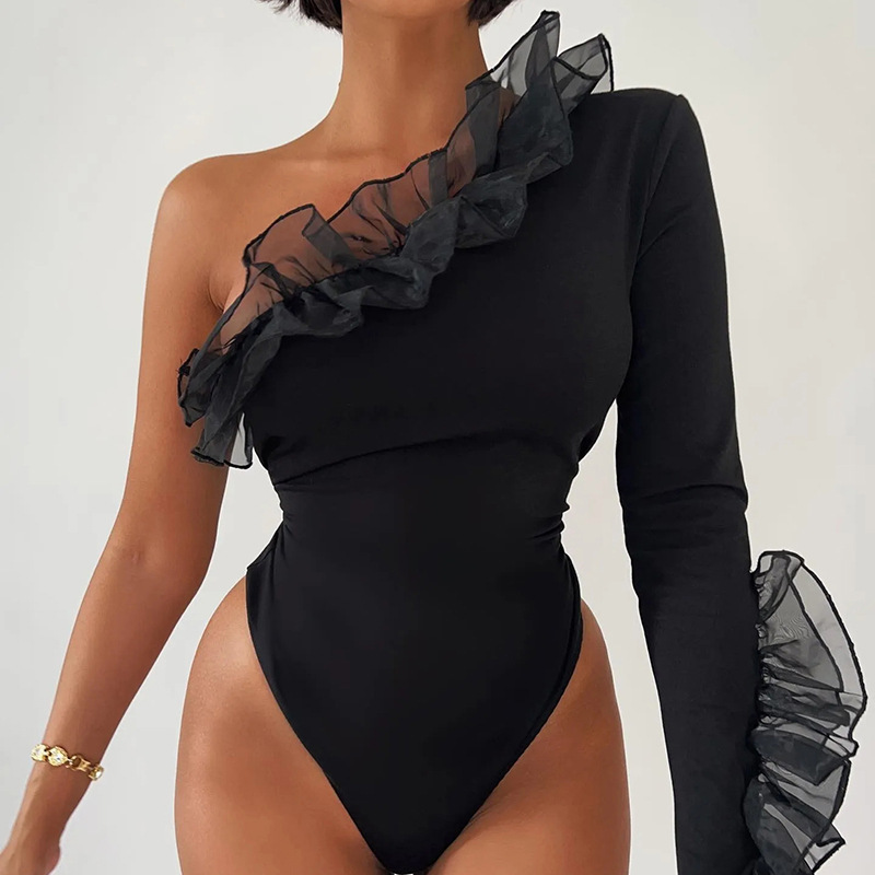 Women's clothing new summer style mesh lotus leaf flying edge one-shoulder sleeves slant collar sexy slim fit jumpsuit_autovado.com