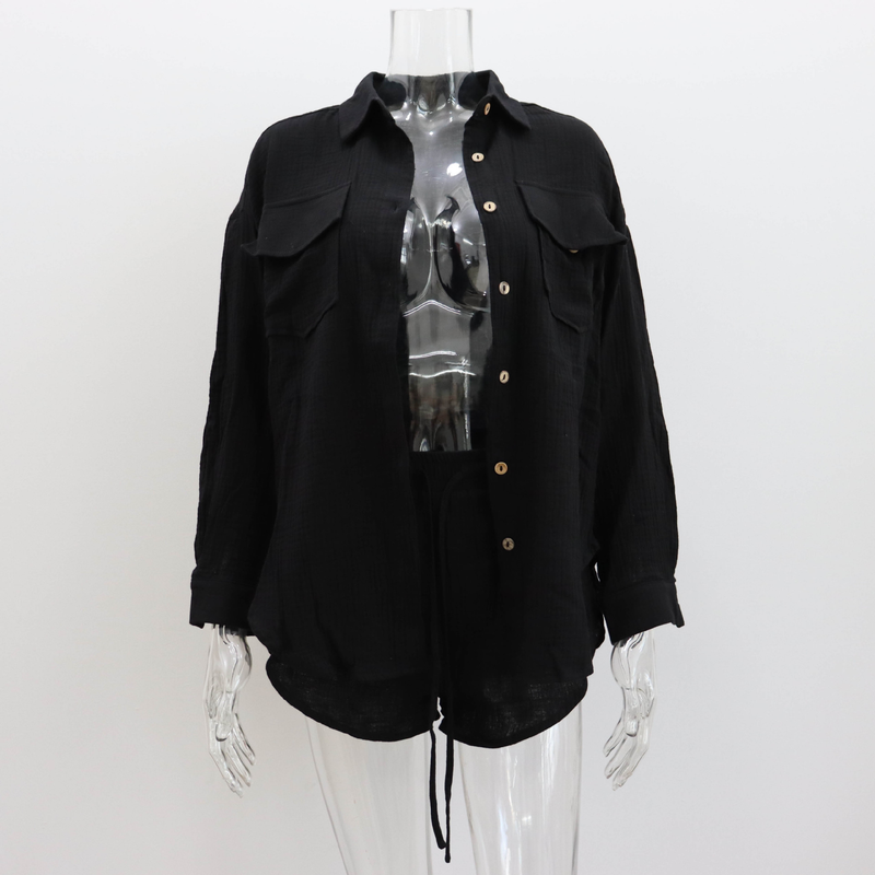 Women's Clothing new arrival lapel loose shirt high waist shorts two piece fashion casual suit_autovado.com