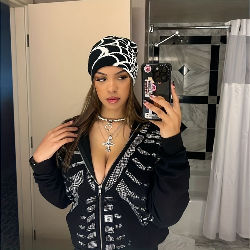 Hot Sale 2023 New Goth Spider Web Jacquard Beanie Caps Y2k Knitted Warm Hip Hop Unisex Elastic Knit Hat Skull Cap for Women Men_autovado.com