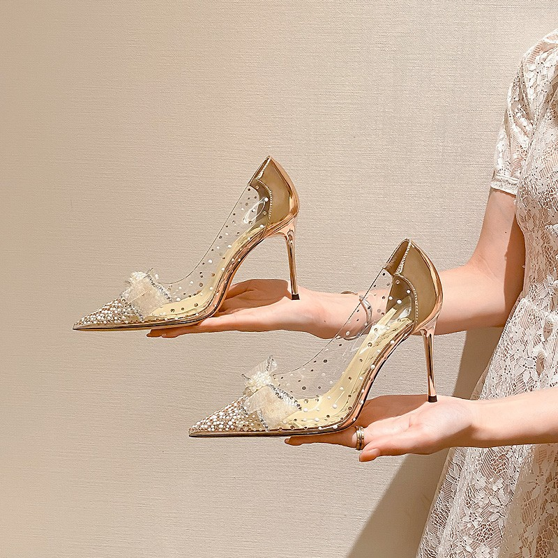 p7 with transparent bow 2023 summer women's shoes live broadcast on behalf of European and American slope heels stiletto_autovado.com