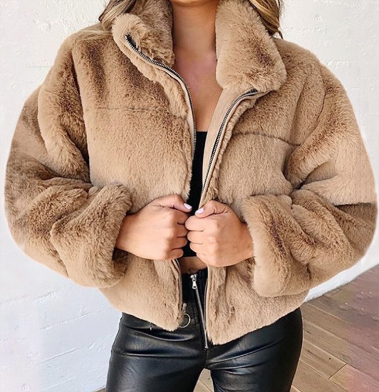 Women's Clothing autumn and winter rabbit fur zipper cardigan plush warm jacket_autovado.com