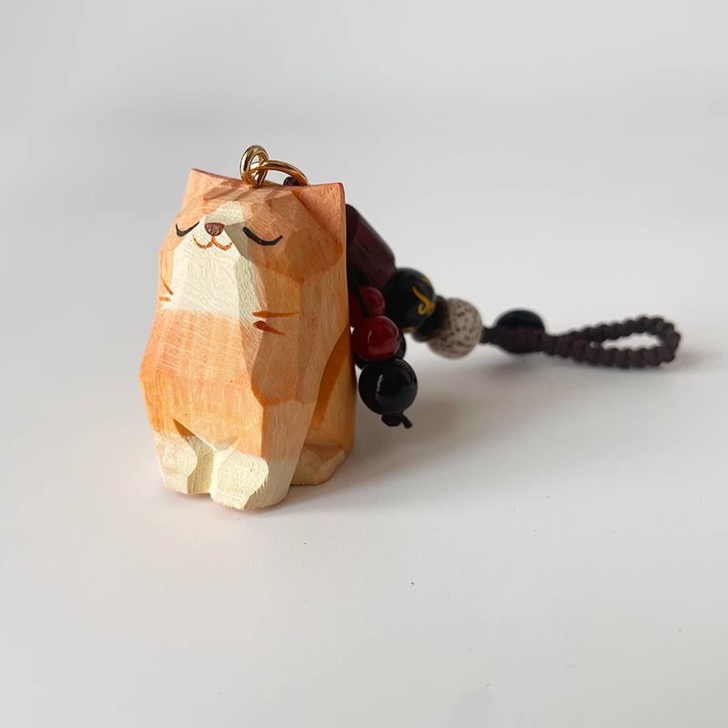 Hand Carved Wood Carved Orange Cat Shiba Inu Mi Ping An Six Character Mantra Woven Keychain Chain Ring Car Schoolbag Pendant Ornament_autovado.com