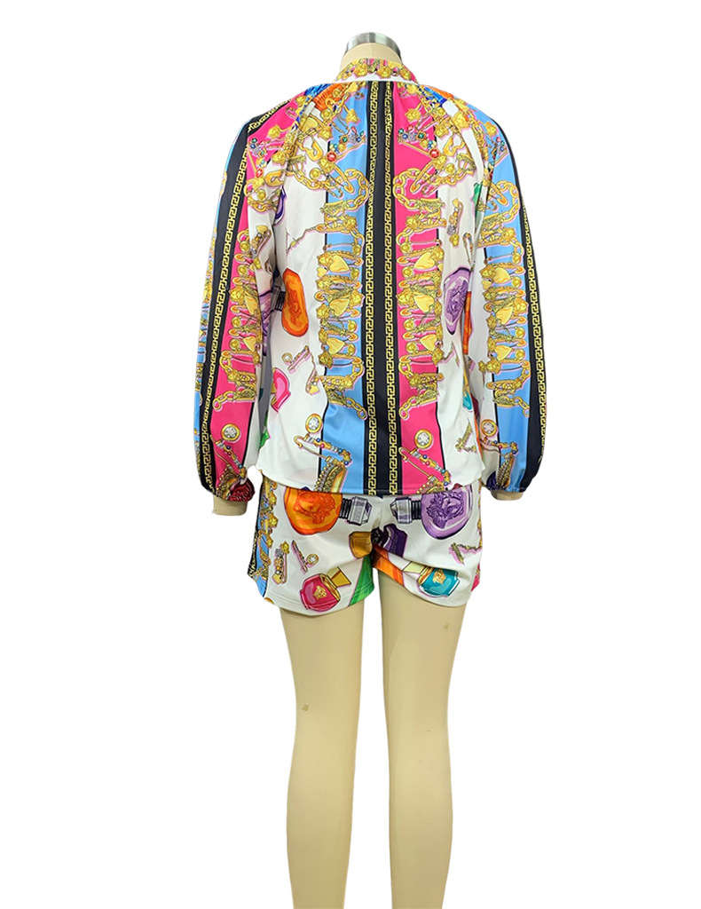 Women's printed long-sleeved blouse and shorts set two-piece_autovado.com