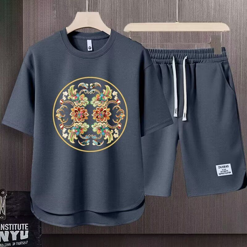 Men's Clothing 2024 Waffle Casual Summer Suit Men's Loose Teen Short sleeved T shirt Shorts Handsome Two piece Suit_autovado.com
