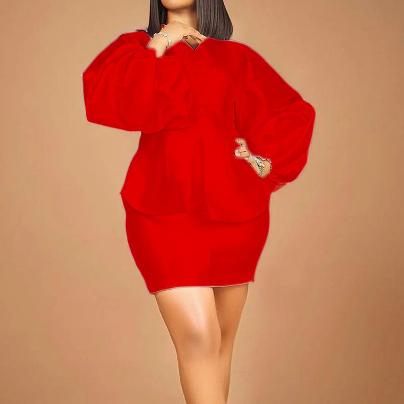 Women's Clothing Temperament Commuter Puff Sleeve Top Hip Skirt Suit_autovado.com