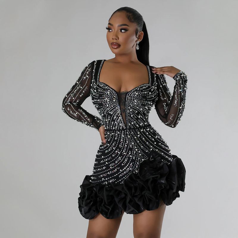 Women's Clothing Hot Diamond And Bubble Bead Dress Short Skirt For Women, Fashionable Long Sleeves And Square Collar_autovado.com