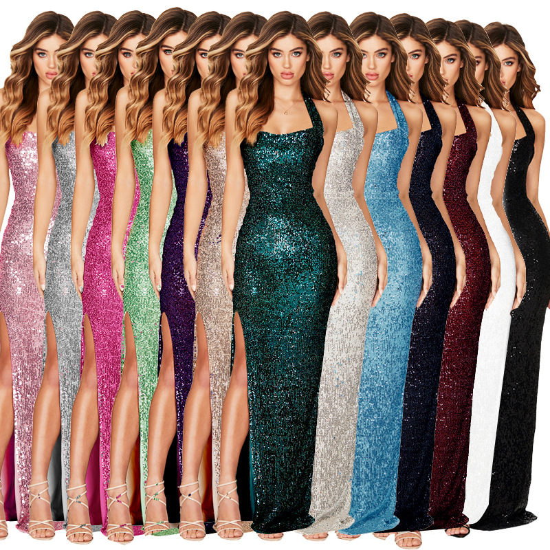 Women's slit sleeveless hot girl dress female halter neck backless sequin dress skirt_autovado.com