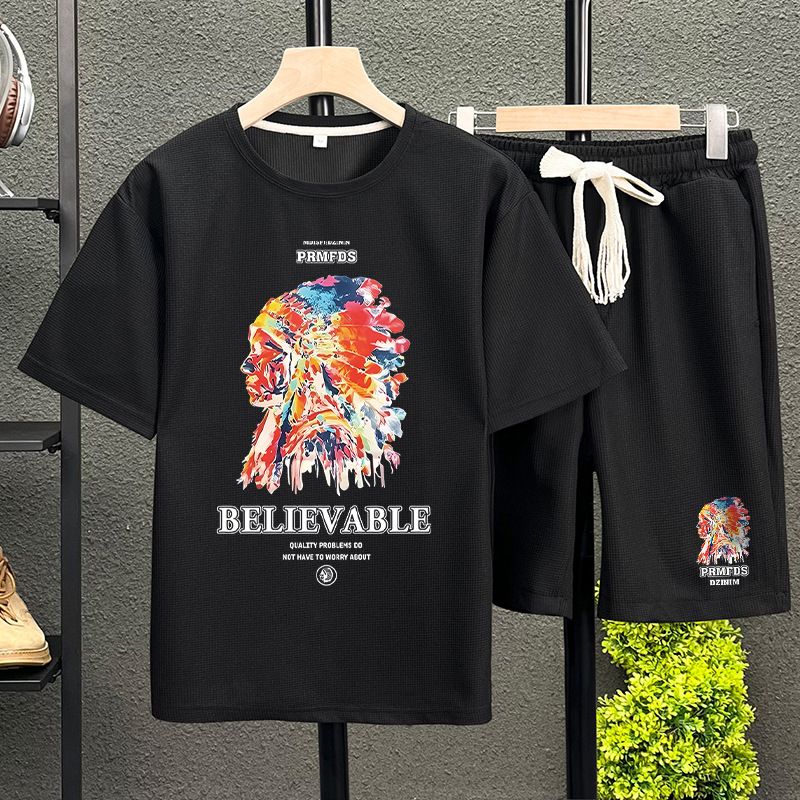 Men's Clothing waffle polo shirt short sleeved T shirt set summer loose clothes tops and pants suits for men_autovado.com