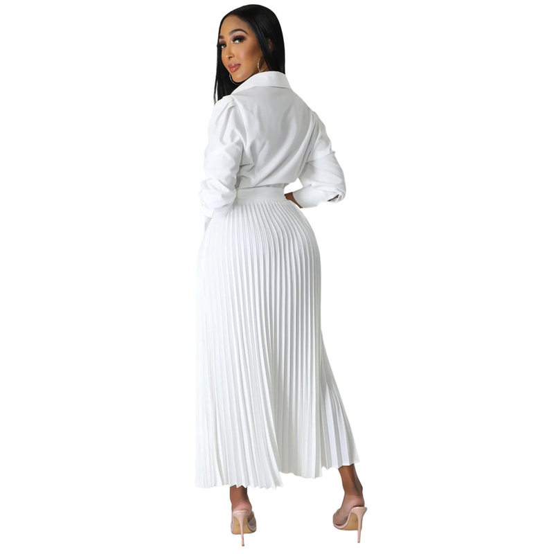 Long sleeved Polo collar high waist fashion casual pleated women's dress_autovado.com