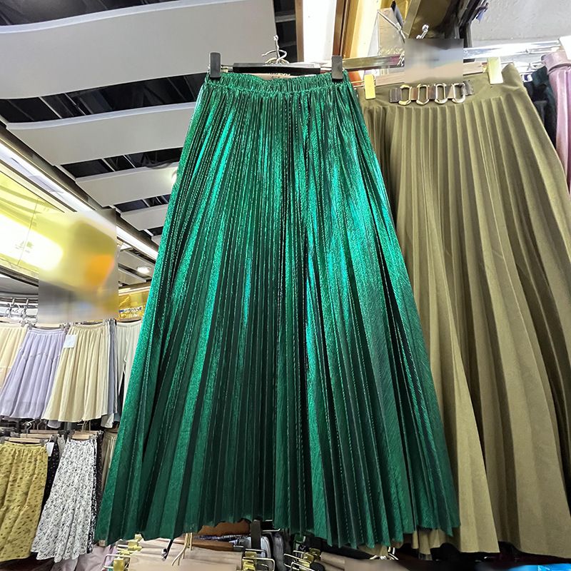 Women's Clothing autumn new high end metallic shiny silk pleated skirt high waist A line long skirt for women_autovado.com