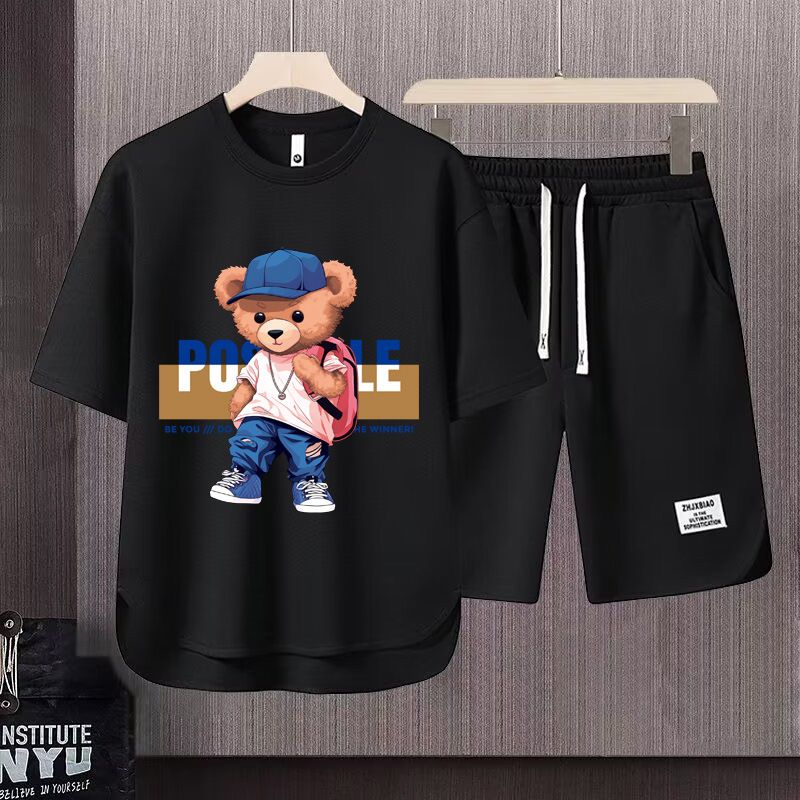 Men's Clothing 2024 Waffle Casual Summer Suit Men's Loose Teen Short sleeved T shirt Shorts Handsome Two piece Suit_autovado.com