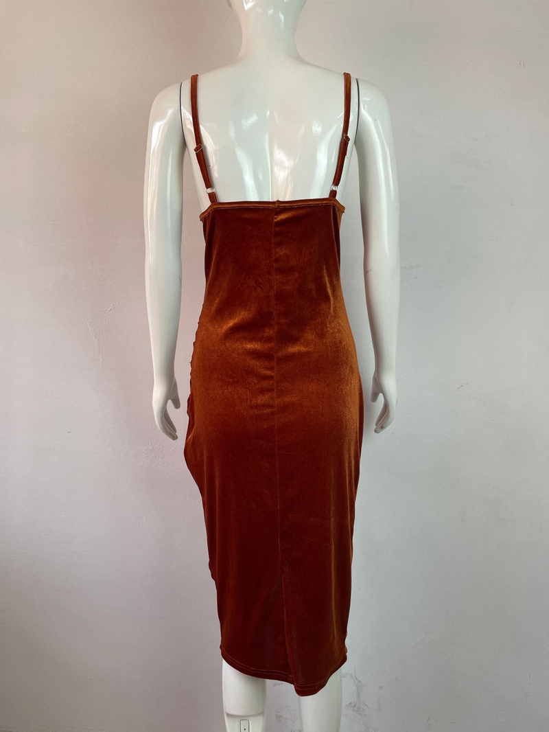 Women's temperament slit pleated velvet halter dress evening dress woman_autovado.com