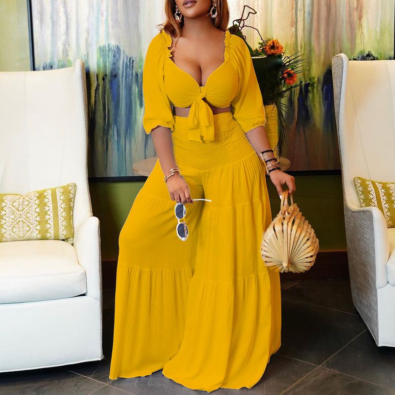 Women's Clothing women's summer fashion casual street suit pleated sexy solid color foreign trade two piece suit_autovado.com