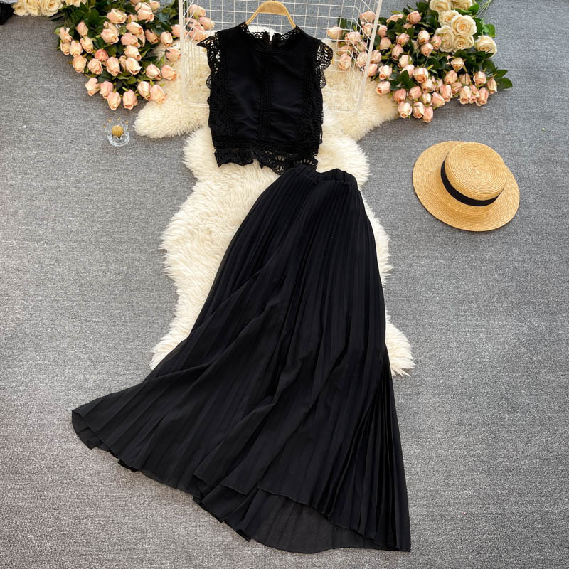 Women's fashion high-waisted lean pressed chiffon skirt two-piece set_autovado.com