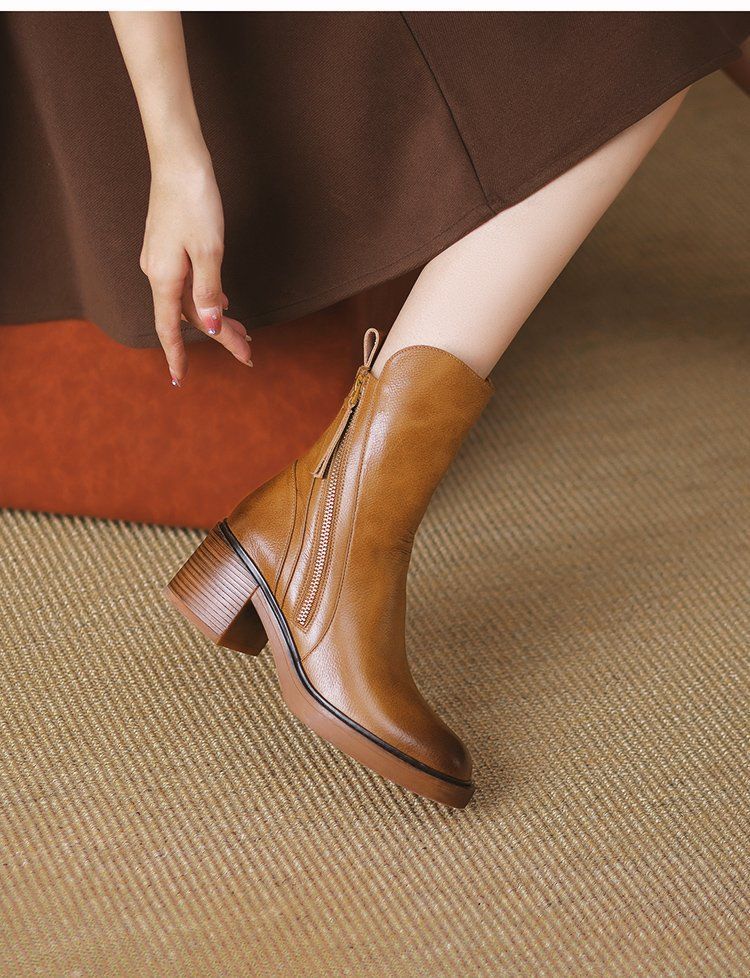 Vintage wind tube side zipper Martin boots new chunky heel fashion trend women's boots_autovado.com