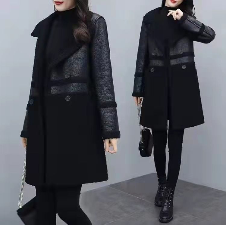 Women's fashion fur one with velvet thick suit collar wear loose plus fat plus leather coat on both sides_autovado.com