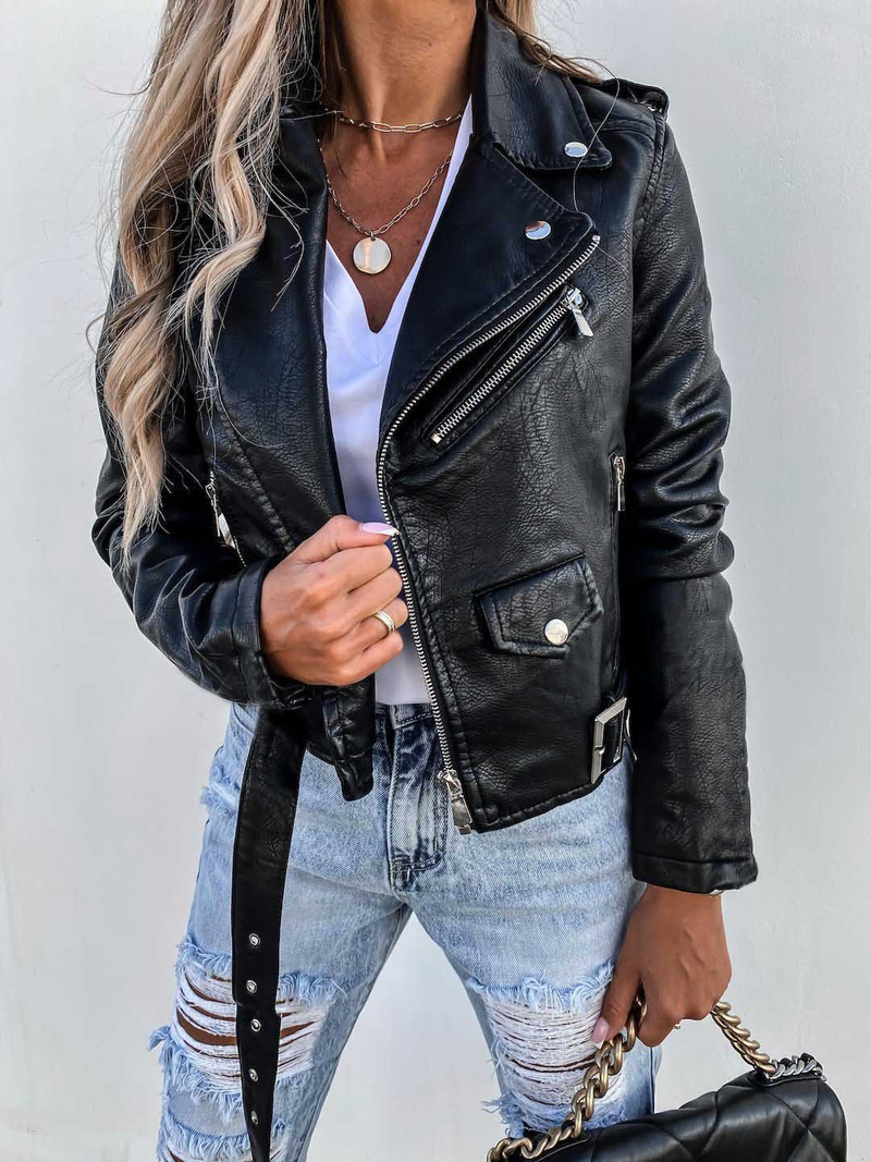 Women's jacket top PU leather jacket motorcycle short zipper_autovado.com