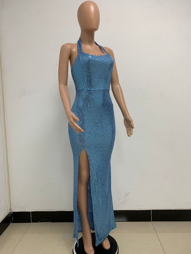 Women's slit sleeveless hot girl dress female halter neck backless sequin dress skirt_autovado.com