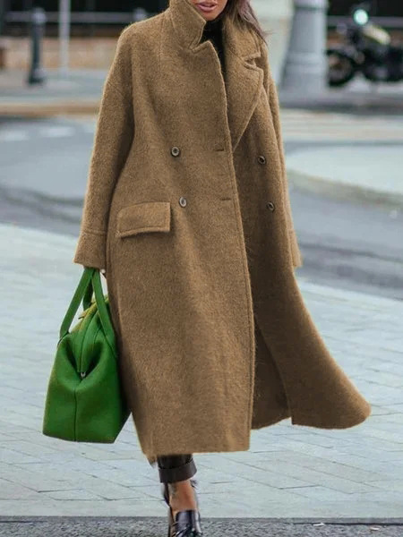 Women's long woolen coat solid color temperament commuting beltless lapel loose woolen green coat_autovado.com