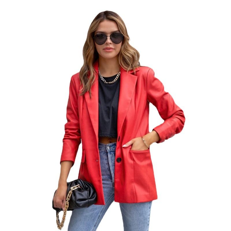 Women's Clothing Street Style Pure Color Casual Fashion Three color Leather Jacket _autovado.com