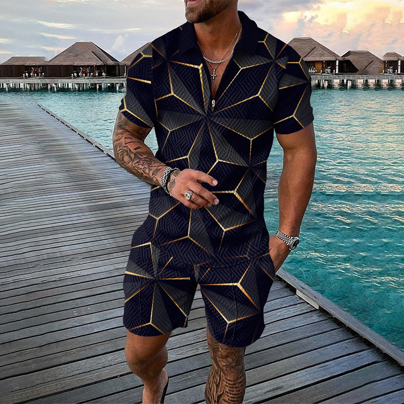 Men's Clothing fashion casual suit 3D printed zipper short sleeve polo shirt shorts 2-piece set_autovado.com