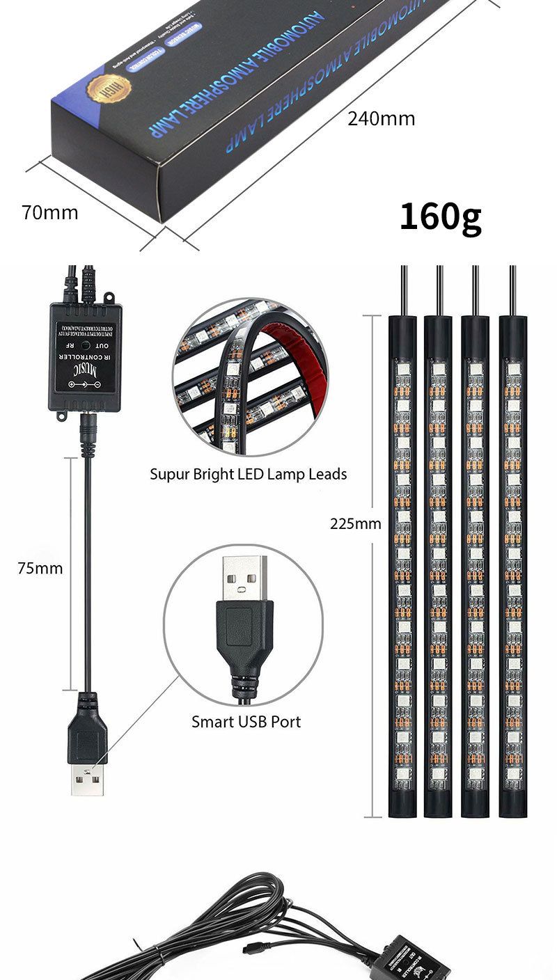 Car LED 12 Lights Colorful Sound Drag Four 48SMD Music With Remote Control USB Foot Atmosphere Light RGB_autovado.com