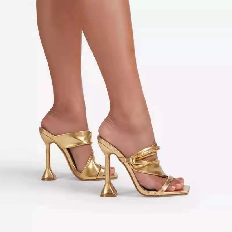 Women's plus-size high-heeled sandals Gold slippers with thin heels and square heads_autovado.com