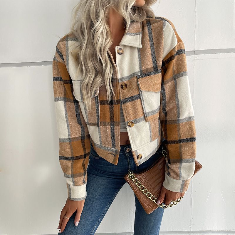Women's clothing short plaid cardigan lapel jacket women_autovado.com
