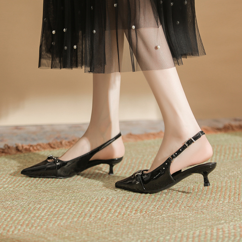 Women's fashion line with black pointy skinny heels fashion bag head high-heeled sandals_autovado.com