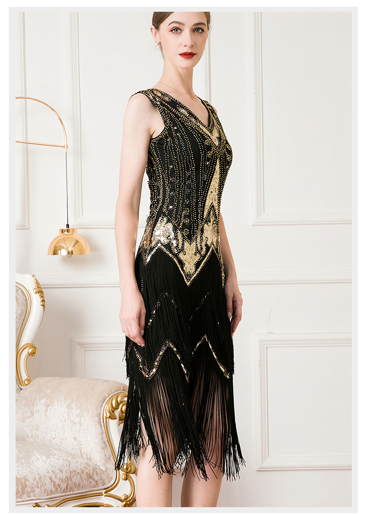 Women's retro 1920 V neck double layer fringed dress Gatsby cocktail ball sequin beaded dress_autovado.com
