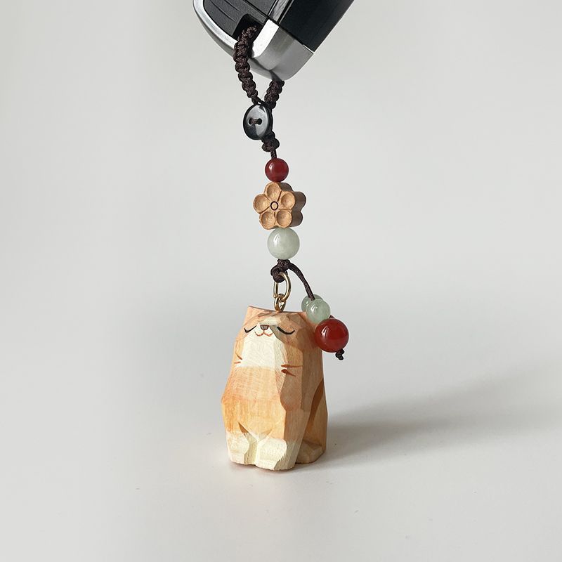 Hand Carved Wood Carved Orange Cat Shiba Inu Mi Ping An Six Character Mantra Woven Keychain Chain Ring Car Schoolbag Pendant Ornament_autovado.com