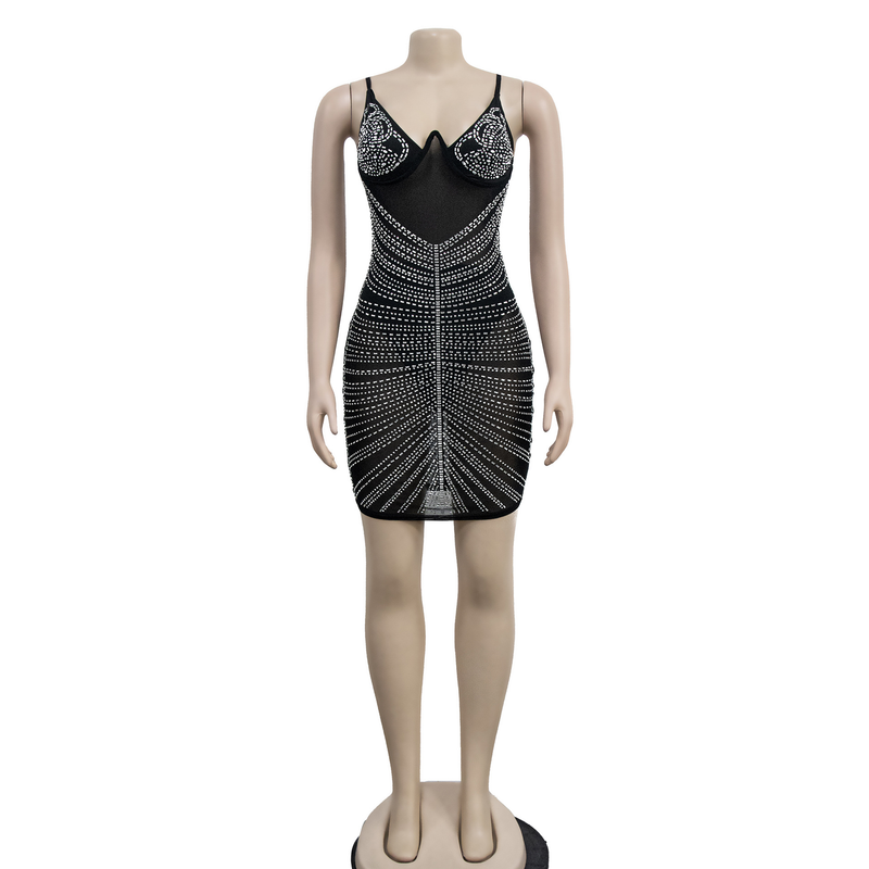 Women's hot diamond mesh suspender sleeveless short skirt dress_autovado.com