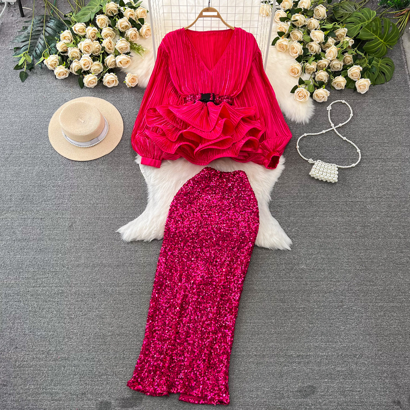Women's fashion set female socialite temperament lantern long sleeve V-neck lotus leaf bright face shirt women's high waist sequin skirt_autovado.com