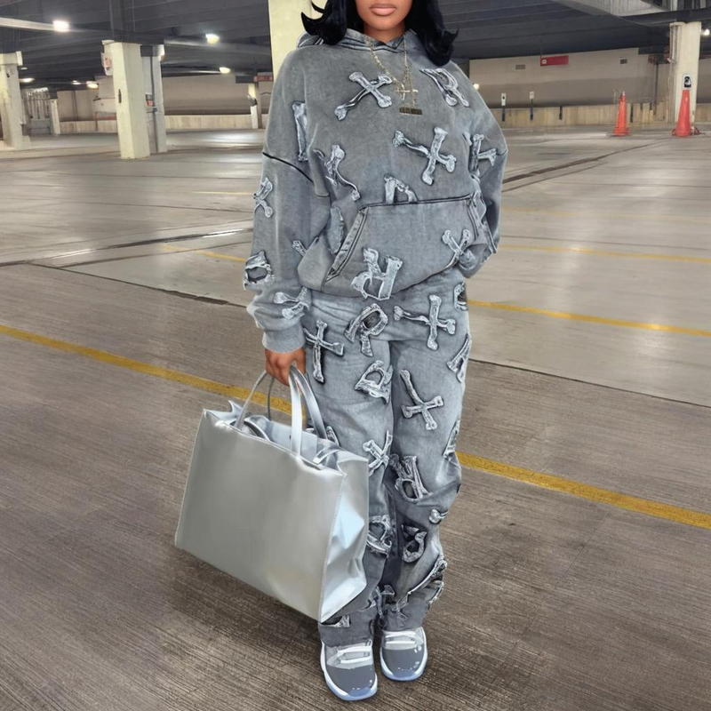 Women's Clothing Women's Printed Pocket Long-sleeved Sweatshirt 2-piece Set Trousers Suit_autovado.com