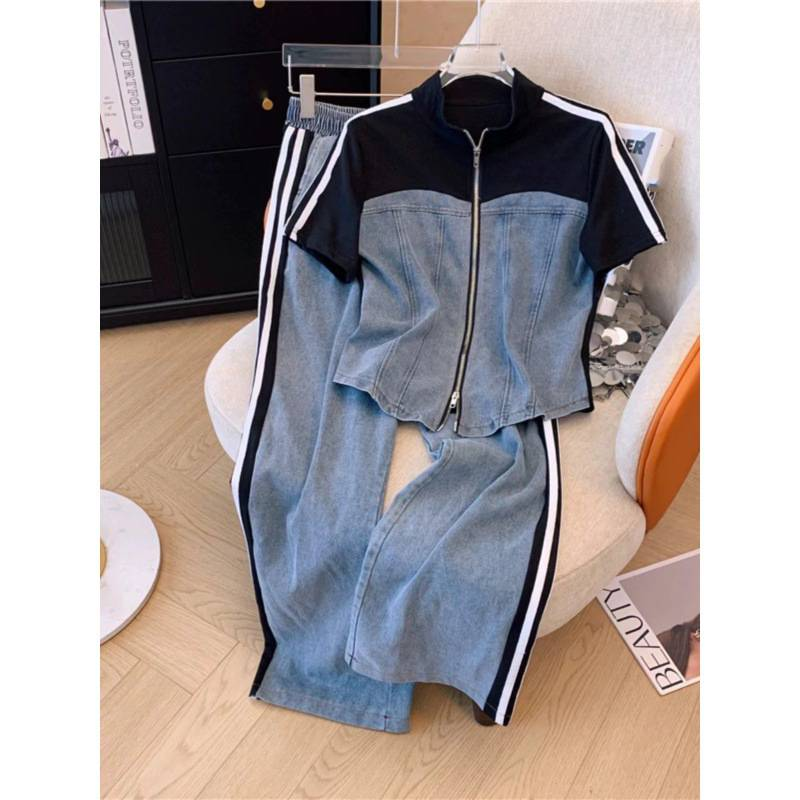 New Women's Contrasting Color Stand Up Collar Zipper Two-piece Top, Wide Leg Pants, Sporty High-end Slimming Two-piece Set_autovado.com