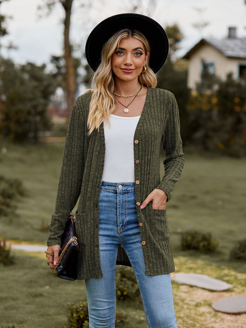 New women's clothing women's brushed pit strip solid color long-sleeved women's cardigan jacket_autovado.com