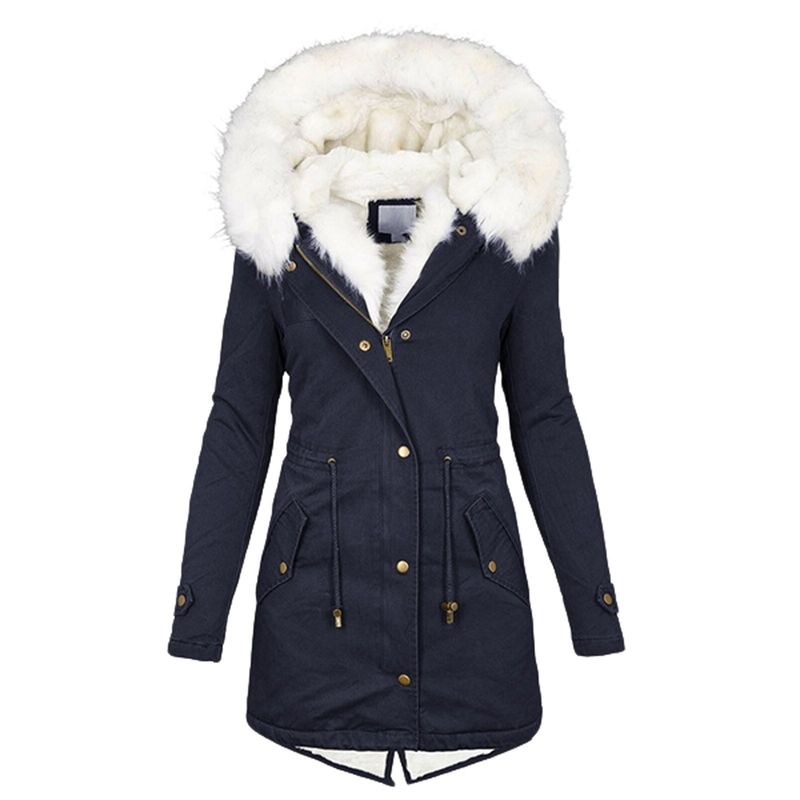 Women's Clothing Women's Autumn And Winter Mid Length Windbreaker White Fur Collar Hooded Warm Plus Velvet Women's Coat_autovado.com
