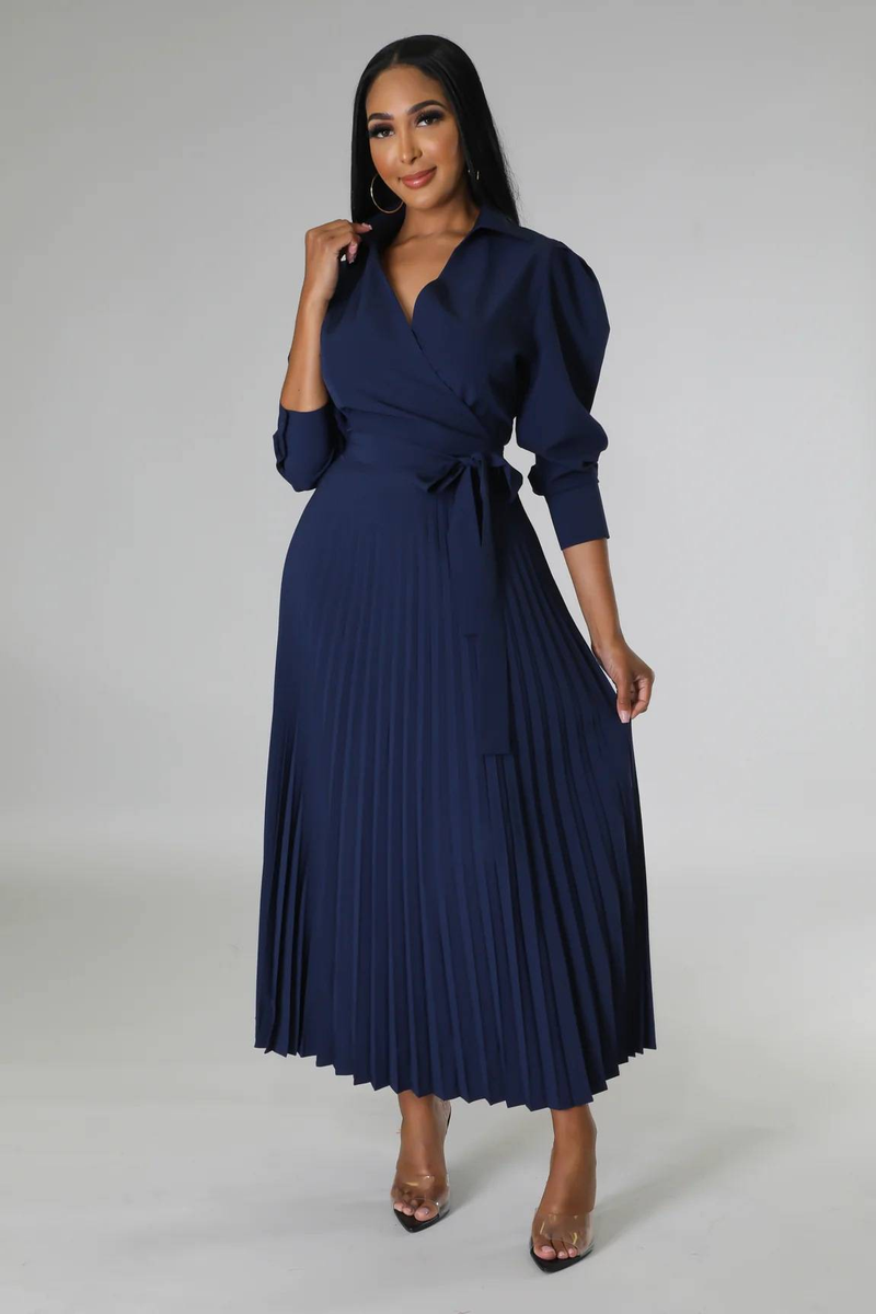 Long sleeved Polo collar high waist fashion casual pleated women's dress_autovado.com