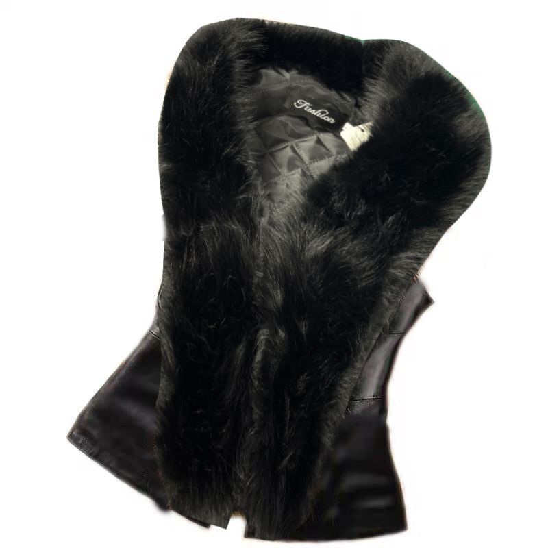 Women's Clothing Adult Vest Fox Fur Collar Pu Vest_autovado.com