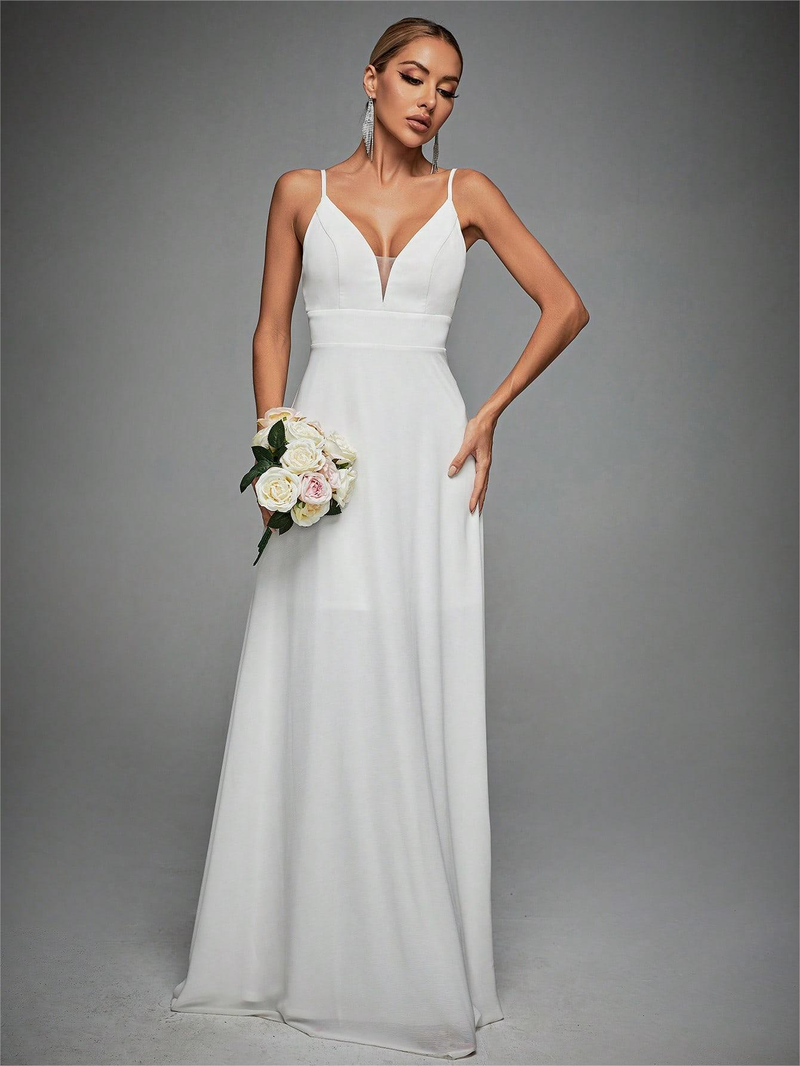 V-neck strappy lace backless evening gown prom dress party dress bridesmaid dress_autovado.com