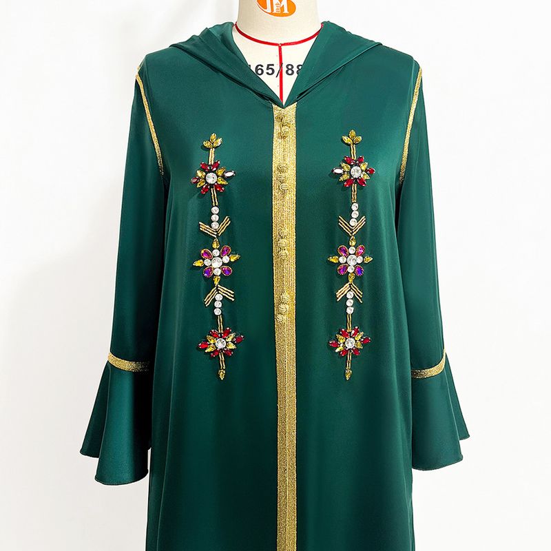 A815 dark green trumpet sleeves front slit walnut satin robe Dubai party banquet dress_autovado.com