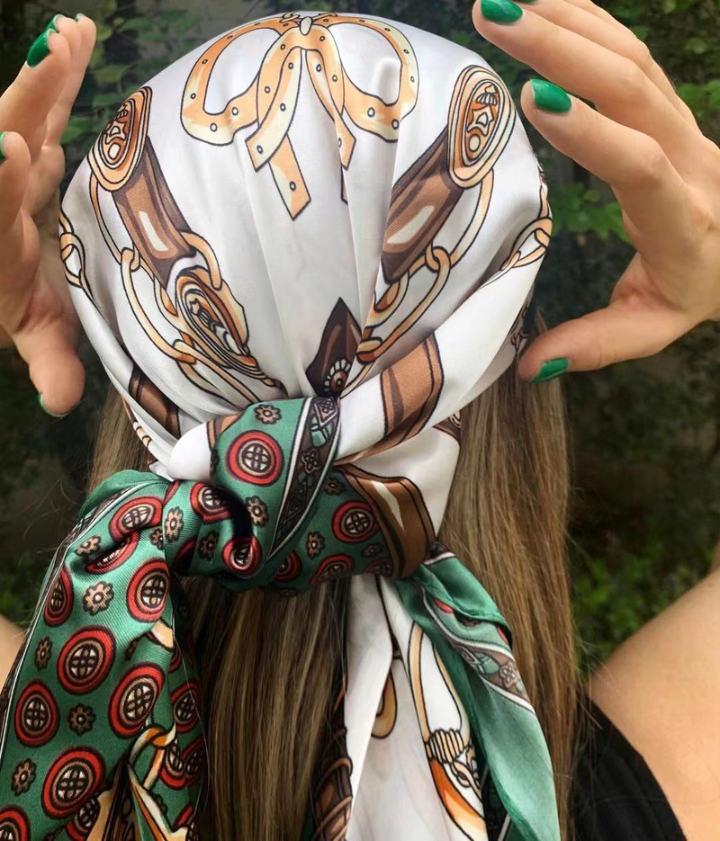 Unisex All vintage chain printed silk scarf satin color 90cm fashion square shawl woman_autovado.com